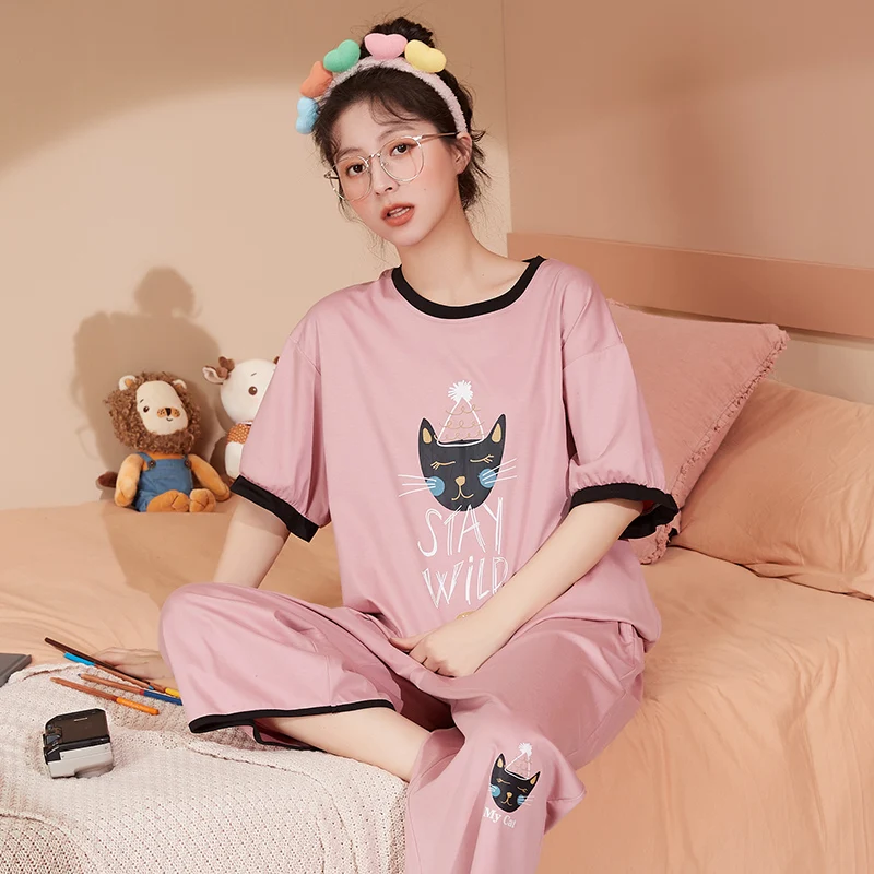 

Пижамный комплект Женский свободного покроя, милая Корейская одежда для сна до середины икры, Модный черный хлопковый мультяшный кавайный ...