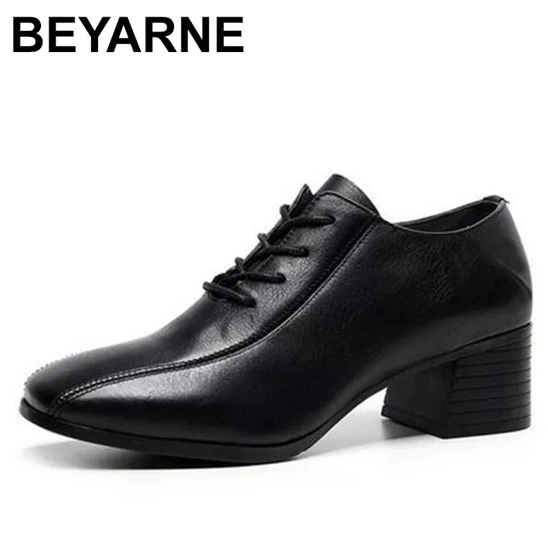 

BEYARNE Pumps Women Shoes 2021 New Autumn Retro Genuine Leather Round Toe Casual Lace-up Shallow High Heels Ladies Shoes