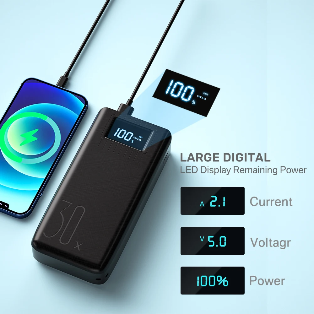 power bank 30000mah portable charger led digital display power bank external battery charger for iphone 13 11 samsung poverbank free global shipping