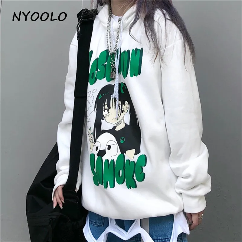 NYOOLO Harajuku стиль аниме девушка буквы печати Свободные теплые толстовки осень зима с капюшоном плюс бархат пуловер Толстовка для женщин мужчин
