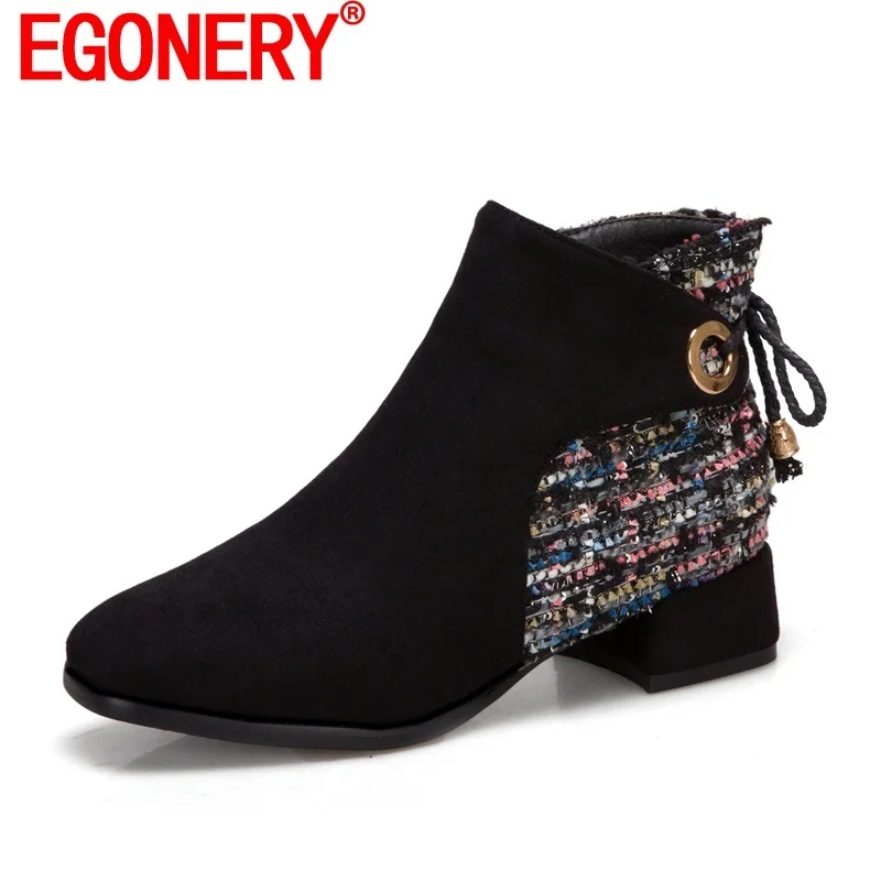 

EGONERY Women Fashion Ankle Boots Autumn New Style Back Strap Round Toe Side Zipper Woman Shoes Black Beige Booties Ladies