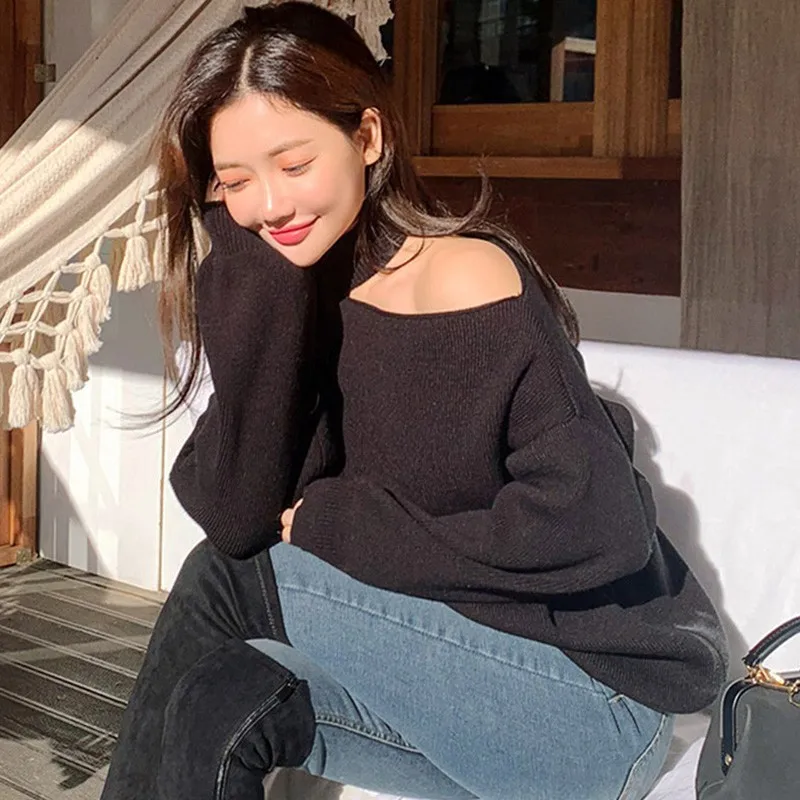 New fashion Female Off-shoulder halter Slim Bottom Sweater Solid Color Loose Split Long-Sleeved Autumn Winter Women