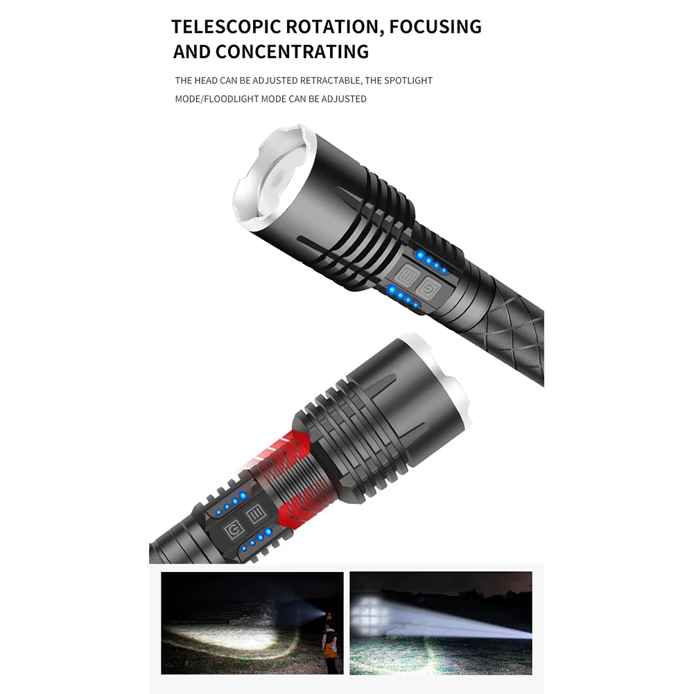

Waterproof XHP120 LED Flashlight Outdoor Portable Telescopic Zoomable 3 Lighting Modes LED Torch Lamp with Tail Rope