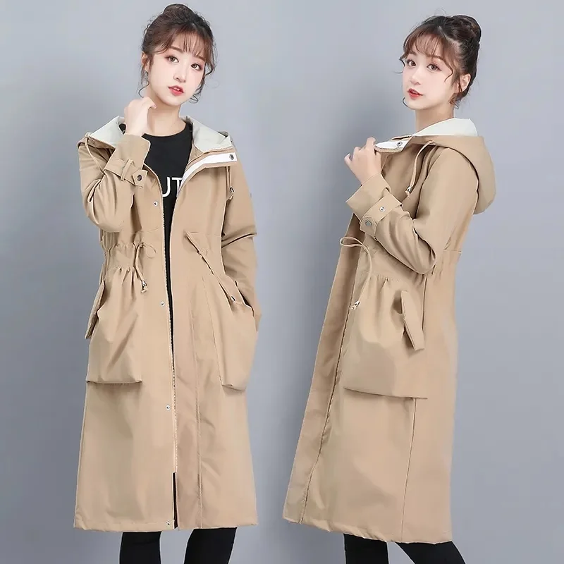 

Hooded Slim Waist Long Windbreaker Korean Fashion Women Autumn Trench Coat Solid Color Drawstring Zipper Office Ladies Outerwear