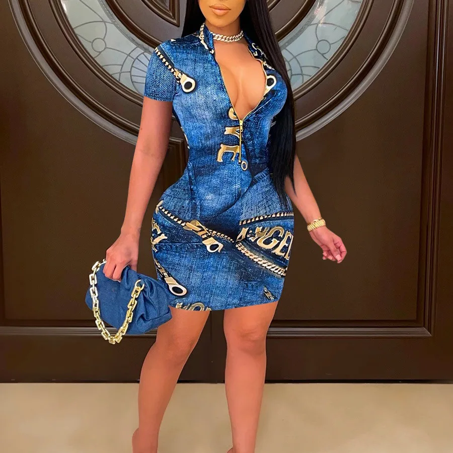 

ChocoMist Dresses Street V Neck Zipper Print Blue Mini Dress H8905