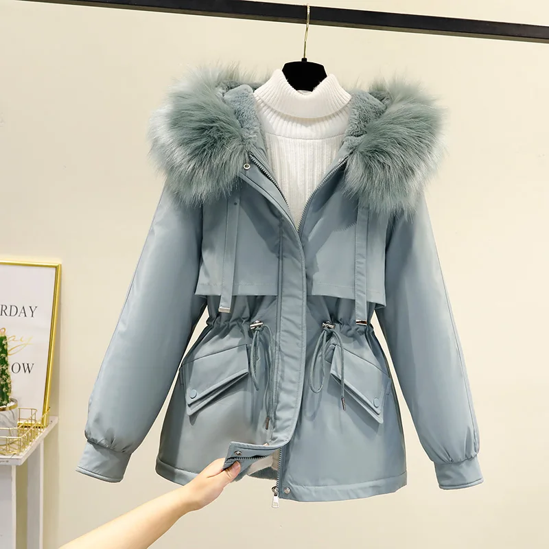 2021 New Winter Jacket Artificial Fur Collar Women Jacket Parkas Plus Velvet Thick Overcoat Female Long Coats Outwear