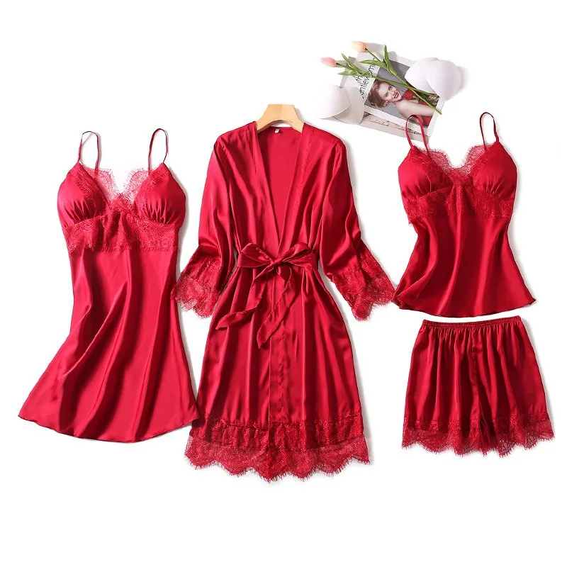 

4PCS Pajamas Suit Sexy Sleep Set Nightwear Silky Satin Kimono Bathrobe Gown Female Sleepwear Lace Nightgown Home Clothes