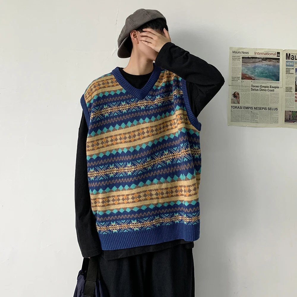 

Men's V-neck Collar Sleeveless Sweaters Vest Knitting Waistcoat Vintage Sweater Vest School Spelling Color Pullover Coats Men