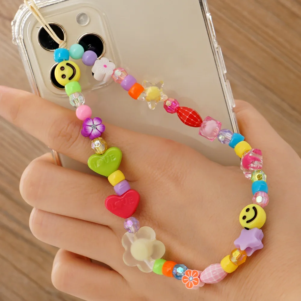 

Bohemian Acrylic Yellow Smiley Color Round Beads Love Heart Shaped Flower Multi-Element Mobile Phone Chain Women's Jewelry Gifts