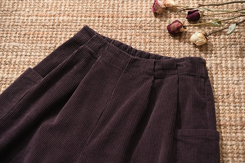 

Pants Solid Vintage Retro Trousers Elastic Waist Autumn Winter Corduroy Wide Leg Pants Women Loose Pocket Casual