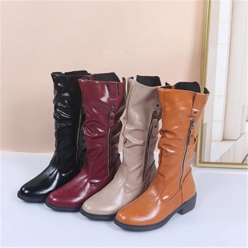 

Women Mid Calf Boot 2020 Autumn Winter Boots Woman Pleated Leather Low Heel Ladies Footwear Women's Zip Female Shoe Plus 35-43