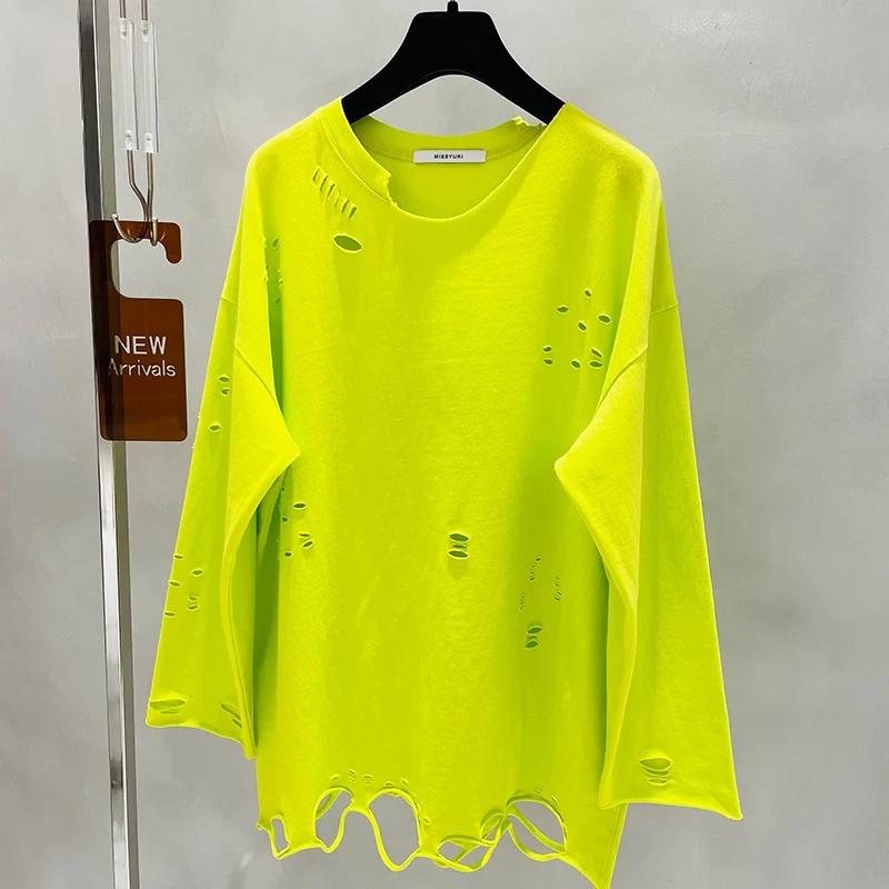 

2021 Spring Autumn New Long-Sleeved T-shirt Round Neck Solid Color Female Bottoming Shirt Loose Hole Pullover Top Tee