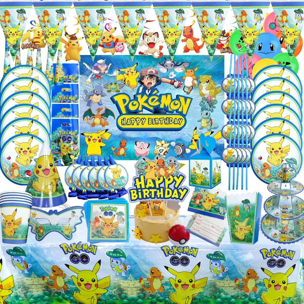 Pokemon Birthday Party Decorations Pikachu Balloon Disposable Tableware Plate Backdrop Cake Topper Supplies Kids Gift Figure Toy