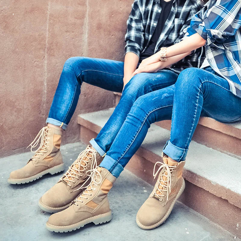 

Outdoor military boots tooling boots leather Martin boots female mid-tube new frosted leather couple hiking desert boots women