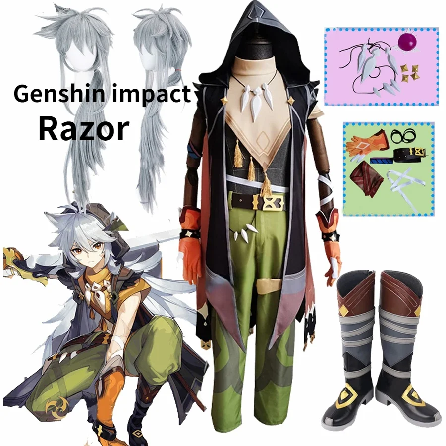 Juego de Anime Genshin Impact Razor, disfraz Genshin, zapatos, collar, peluca de uniforme, traje de fiesta de Anime para Halloween, conjuntos completos de pelucas