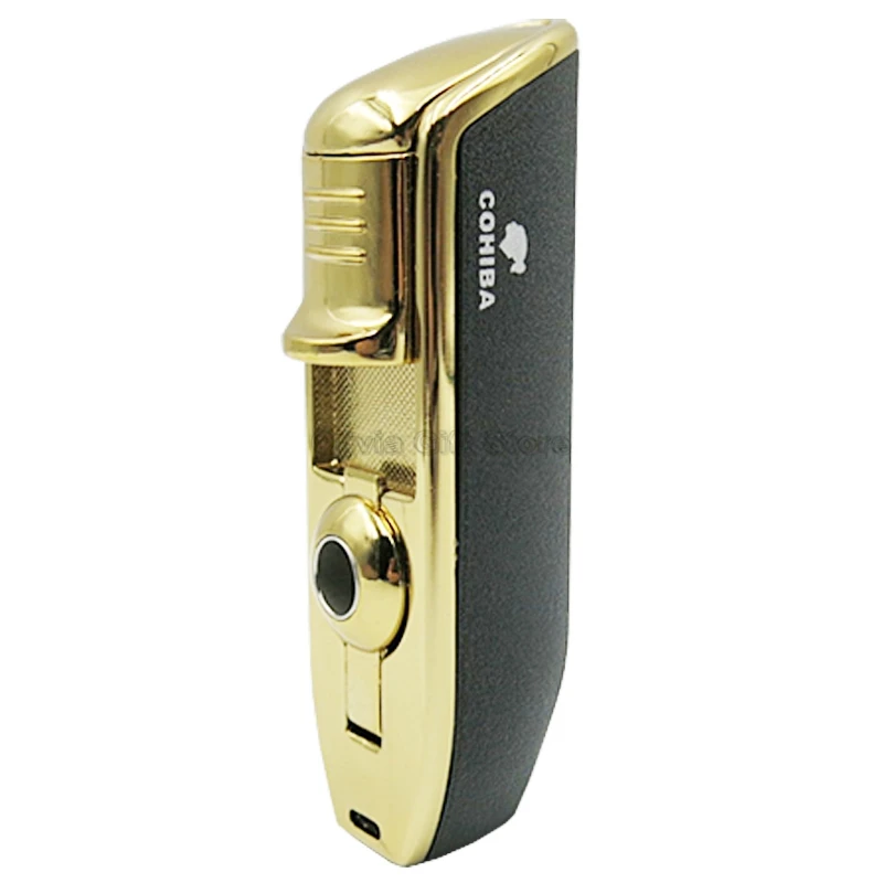 COHIBA металлическая сигарета зажигалка 3 струйный синий фонарь пламя форма змея рот ветрозащитный с удар Подарочная коробка табака курительный инструмент - Цвет: Matte Black