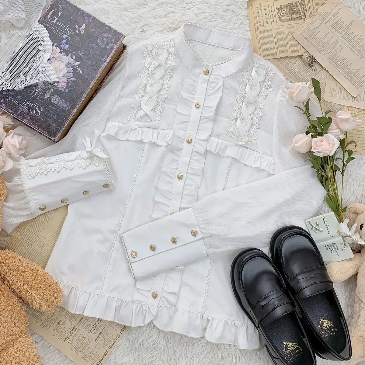 

Original Design Palace Style Lolita Blouse Beautiful Women's Long Sleeve Shirt Round Collar Ruffle Trims Lace Cute Girl White