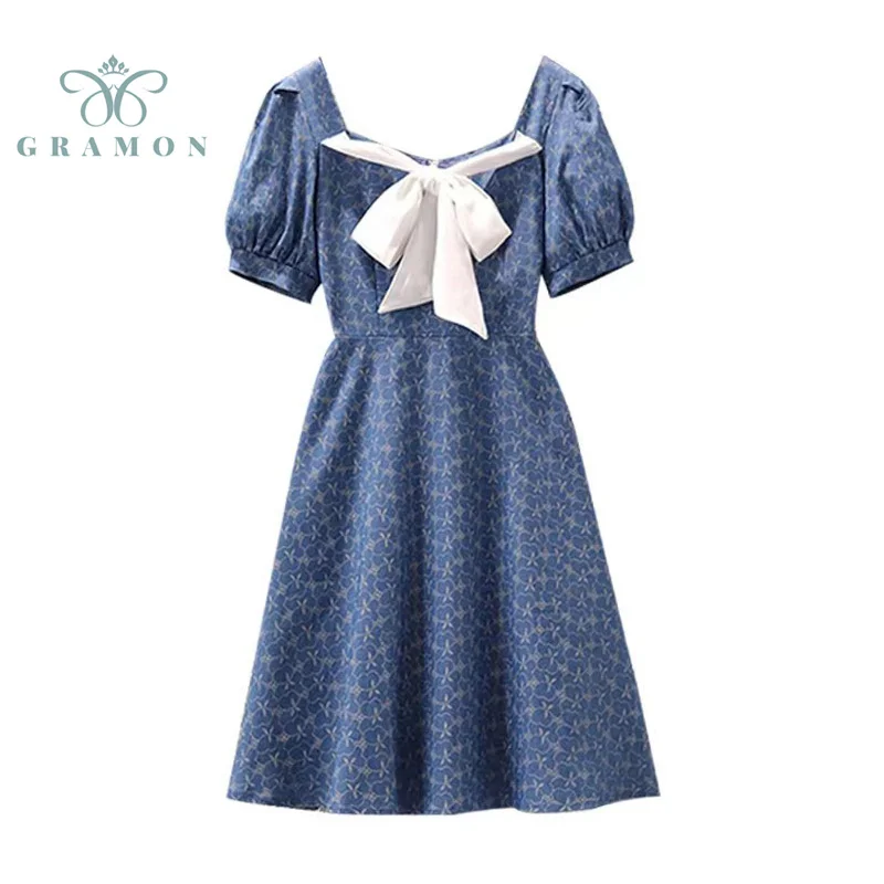 

Dress for Women Plus Size 2021 Summer Floral Slim Vintage Square Neck Bow Short Puff Sleeve Korean Fashion Sweet Chic Mini Dress
