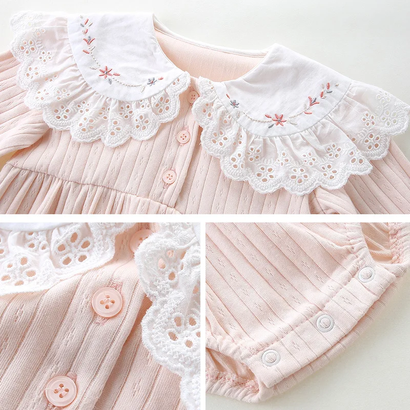 

Kids Baby Girl Lace Rompers Bodysuit Pink White Long Sleeve Baby Jumpsuits Outfits Newborn Toddler Cotton Embroidery One Piece