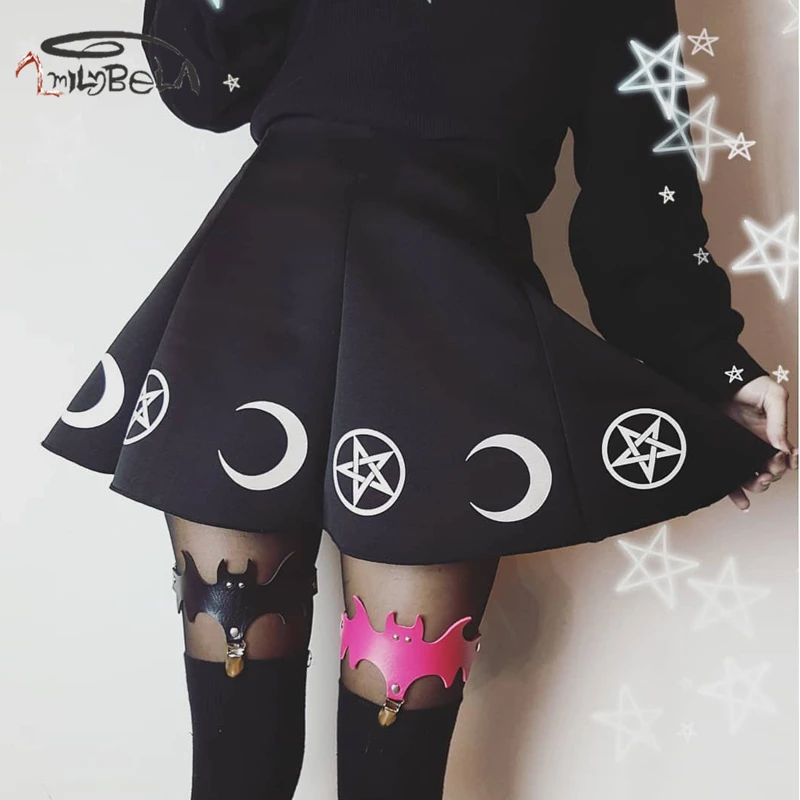 ImilyBela Gothic Casual Mini Skirt Women Sexy High Waist Print Black A-line Skirt Empire Draped Punk Style Streetwear Jupe Femme