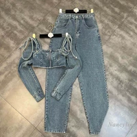 jeans sets women 2022 spring square collar long sleeve lace up bow zipper top high waist wide leg pants denim suit two pieces