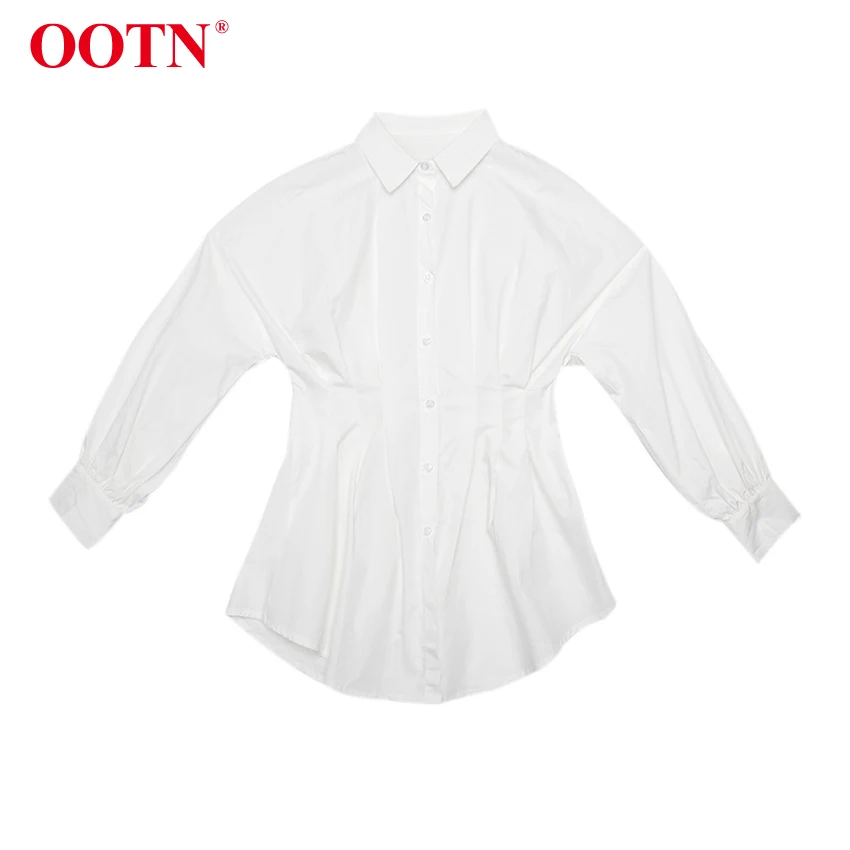 OOTN отложной воротник офисная рубашка платье дамы фонарь с длинным рукавом Элегантная плиссированная Туника белые женские платья осень