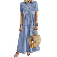 new summer fashion retro women short sleeve turn down collar pockets buttons long loose casual denim dress for daily life