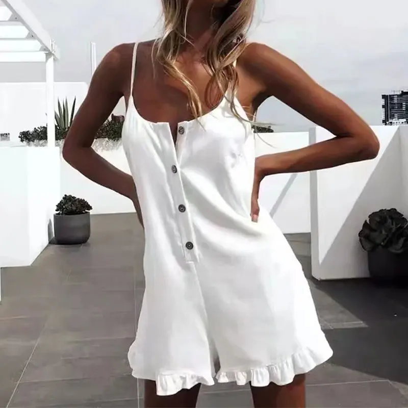 

2022 New Women Fashion Loose Vacation Buttons Playsuits Femme Sling Ruffles Casual Chic Sexy Backless Beach Rompers