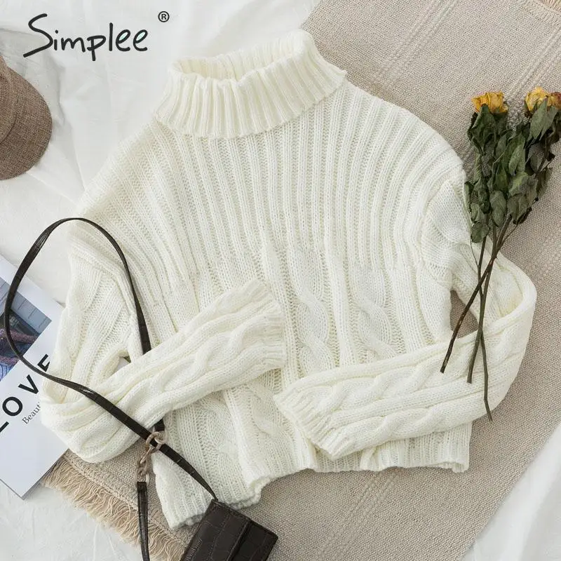 Simplee Turtleneck knitted sweater women long sleeve pullover Elegant white solid casual 2019 Winter female warm | Женская одежда