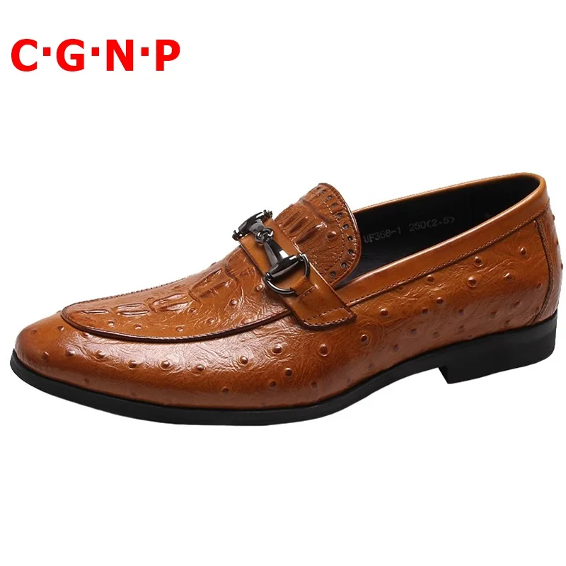 

CGNP Ostrich Skin Pattern Genuine Leather Mens Shoes Fashion Slip On Business Men Casual Shoes Handmade Loafers Dress Shoes