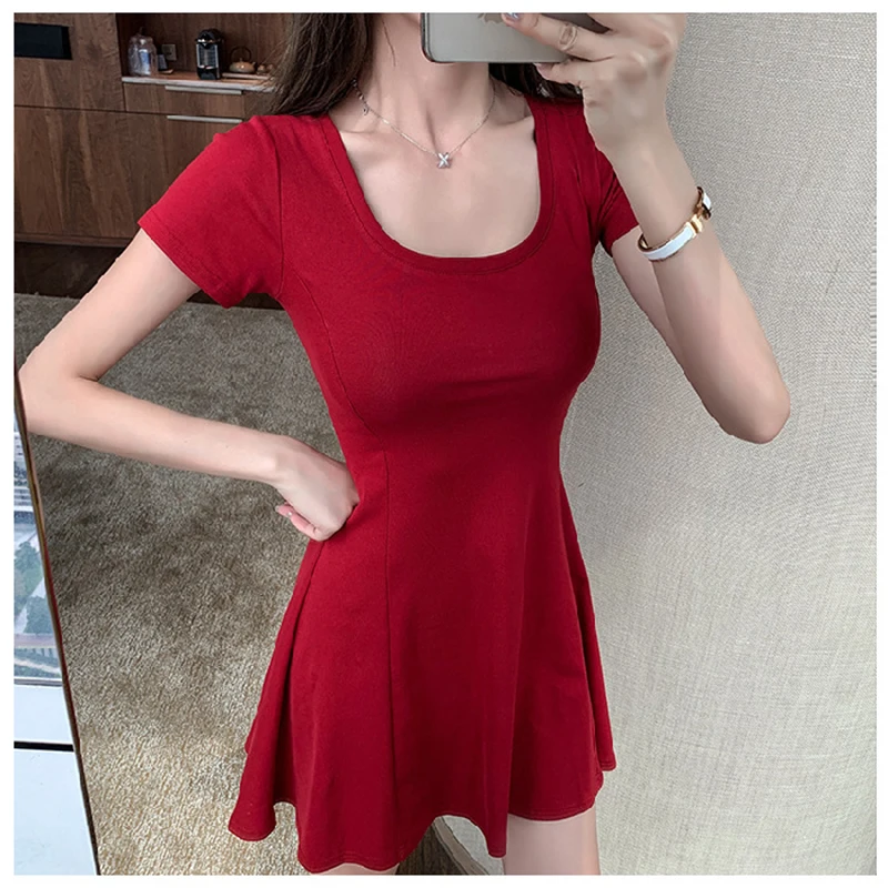 

YLDSGS 2021 Summer New Fashion Dress Square Neck Solid Color Mini Skirt Short Section Waist Skirt Vestidos De Mujer Casual Traf