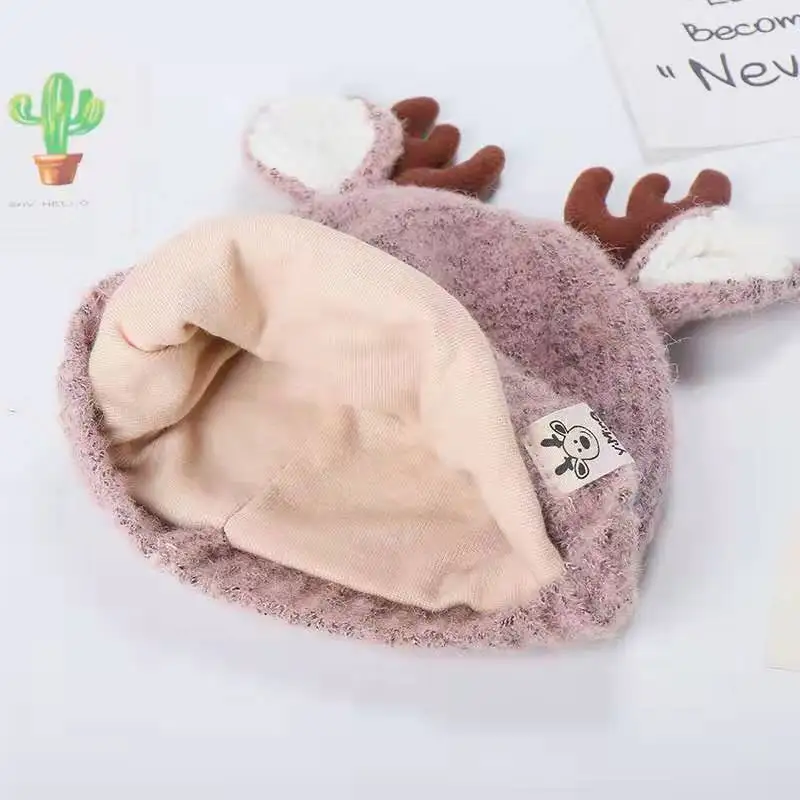 Детская шерстяная шапка зимняя вязаная с рисунком оленя на возраст 0-12 месяцев От