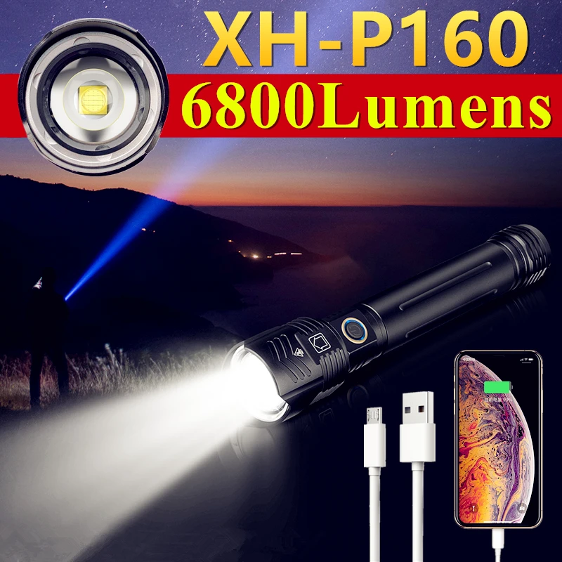 

Мощный светодиодный фонарик XH-P160, 16 ядер, яркий фонарь с фокусировкой, 26650, фонарь для кемпинга, охоты, тактический фонарь с USB-зарядкой