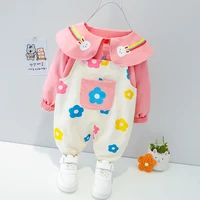 spring and autumn childrens fake two piece suspenders flower one piece suit lapel baby climbing suit
