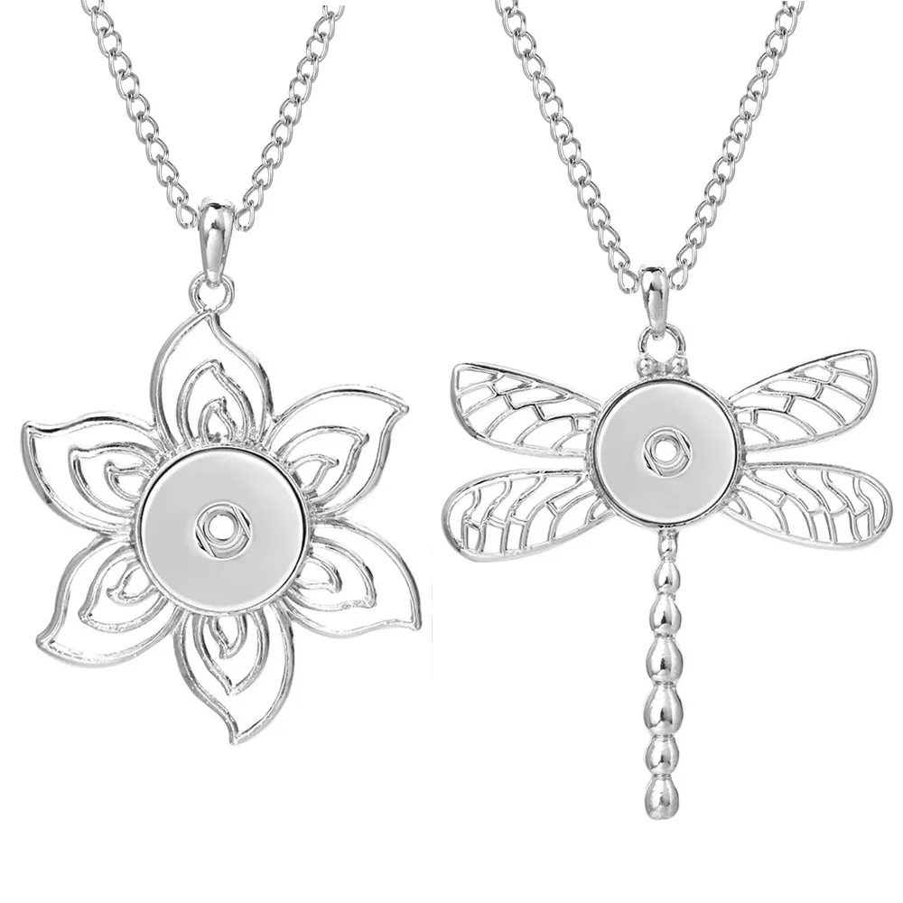 Fashion Snap Button Jewelry Necklaces Dragonfly Flower Charms Snap Necklace Fit DIY 20MM 18mm Snap Buttons Pendant Necklaces