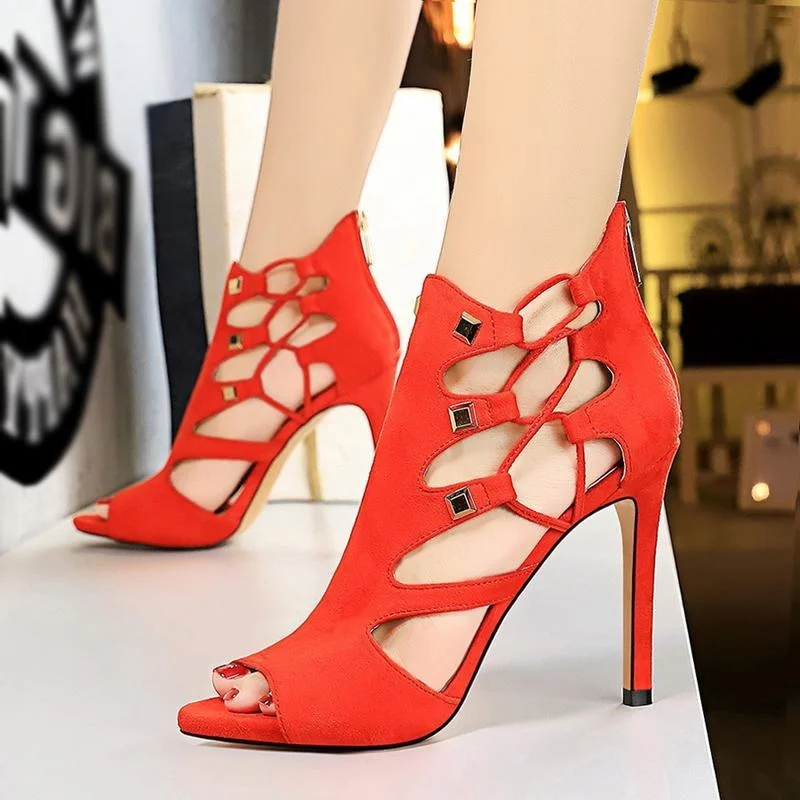 

High Heeled Boots Women Martin Boots Women Spring and Autumn Sexy Rivet Hollow Boots Women Summer Shoes Latest Breathable