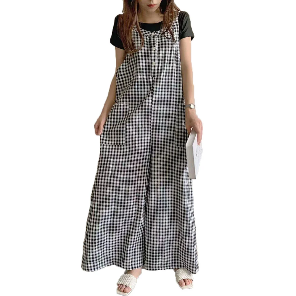 

Summer 2021 Japanese Style Women's Jumpsuit Korean Fashion Loose Casual All-match Lattice Pocket Round Neck