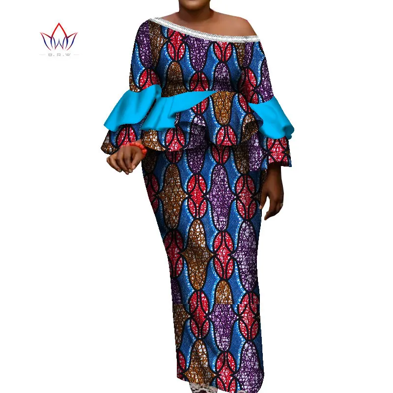 Traditional Clothing For Women Ruffles Top And Skirt Ankle-length Vintage Set Print 2 Pcs Plus Size African Style Suit WY8149