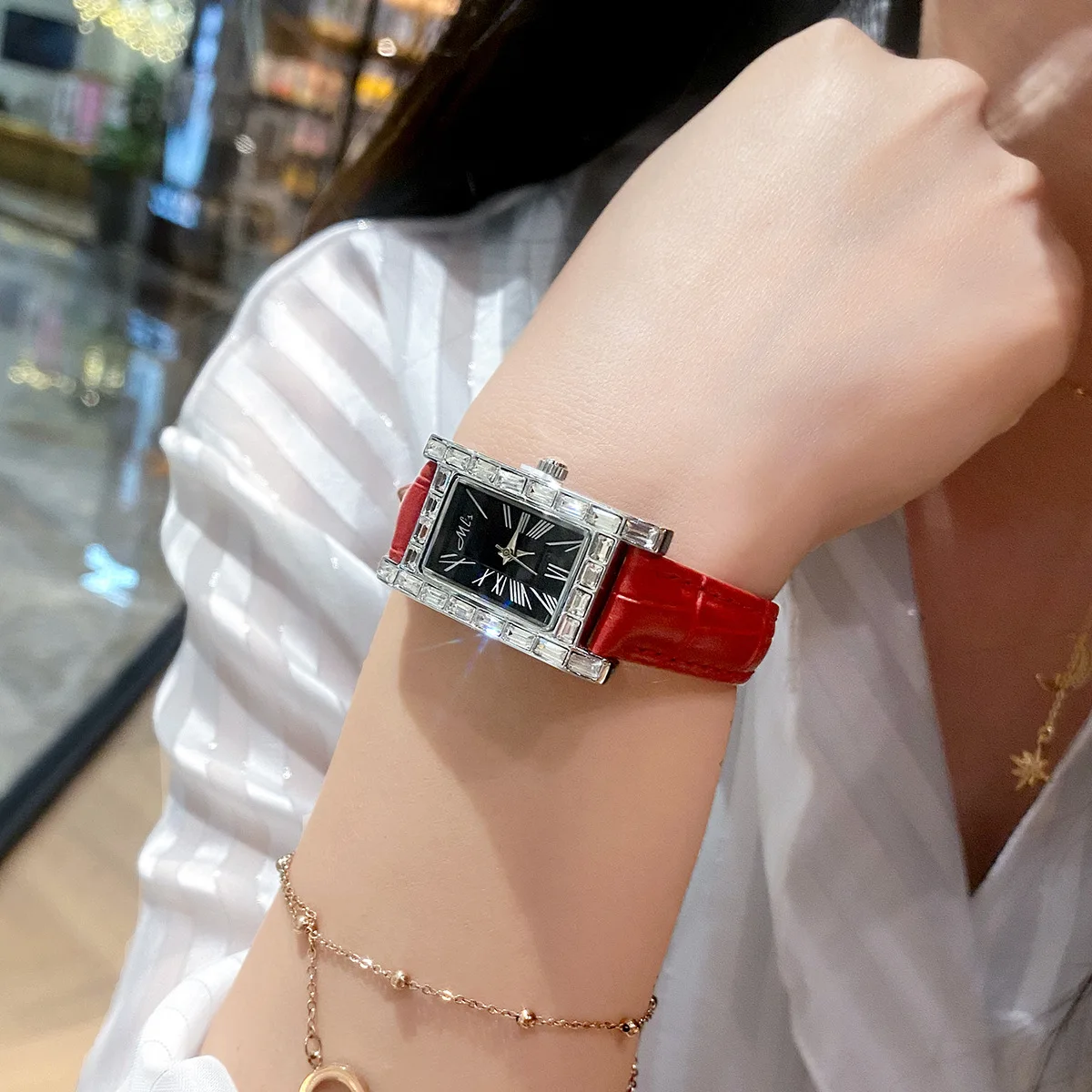 New Rectangle Diamond Women Watches Lady Casual Quartz Watch Leather Band Women Watch Waterproof Designer+Box Relogio Feminino