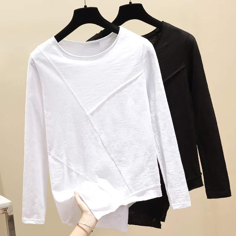 

BETHQUENOY Long Sleeve White Black T Shirt Women Tops Cotton Plus Size Clothes Tee Shirt Femme T-shirts Poleras T-shirty Damskie
