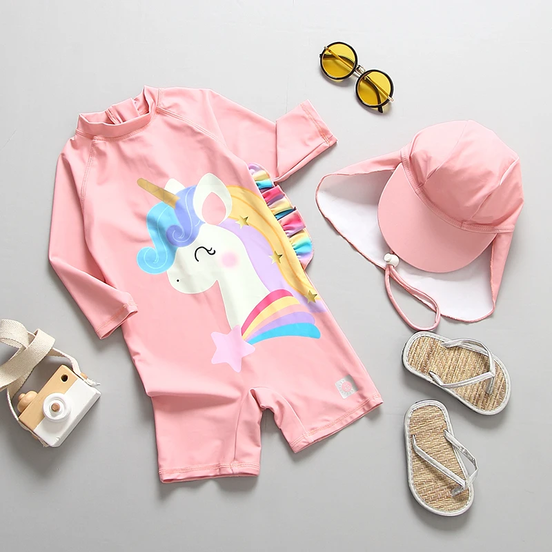 Детский купальник для девочек с единорогом купальный костюм длинным рукавом и
