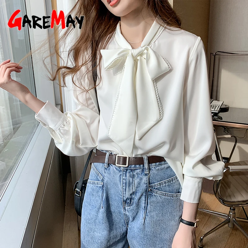 

Women Summer Shirts Long Sleeve Shirt Chiffon Loose Elegant Basic Stain Silk Blouses Casual Beautiful Bow Women White Blouse Top