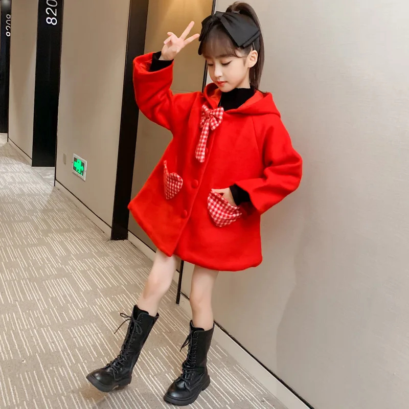 

Girls Baby's Kids Coat Jacket Outwear 2021 Bow Thicken Woolen Cloth Warm Winter Autumn Overcoat Children's Clothing