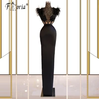 high neck black floor length evening dresses with feathers see thru lace prom gown special occasion dress robes de festa