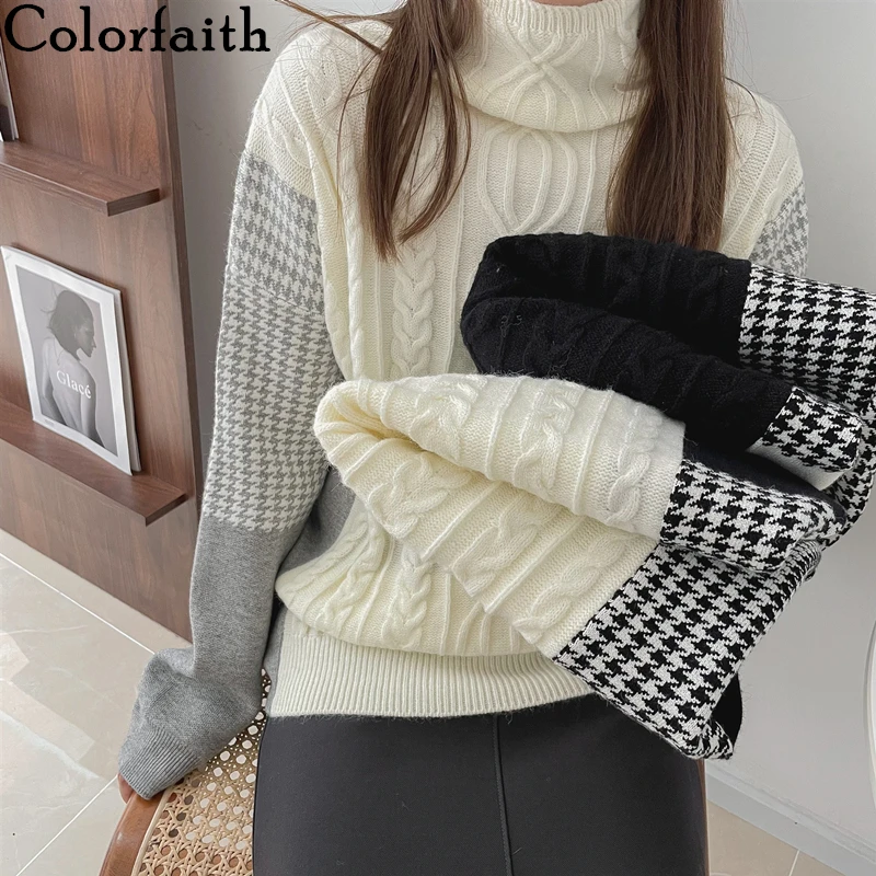 

Новинка 2021, женские свитера в клетку с цветными блокировками, Элегантная водолазка, Модные Винтажные Топы SW1582JX