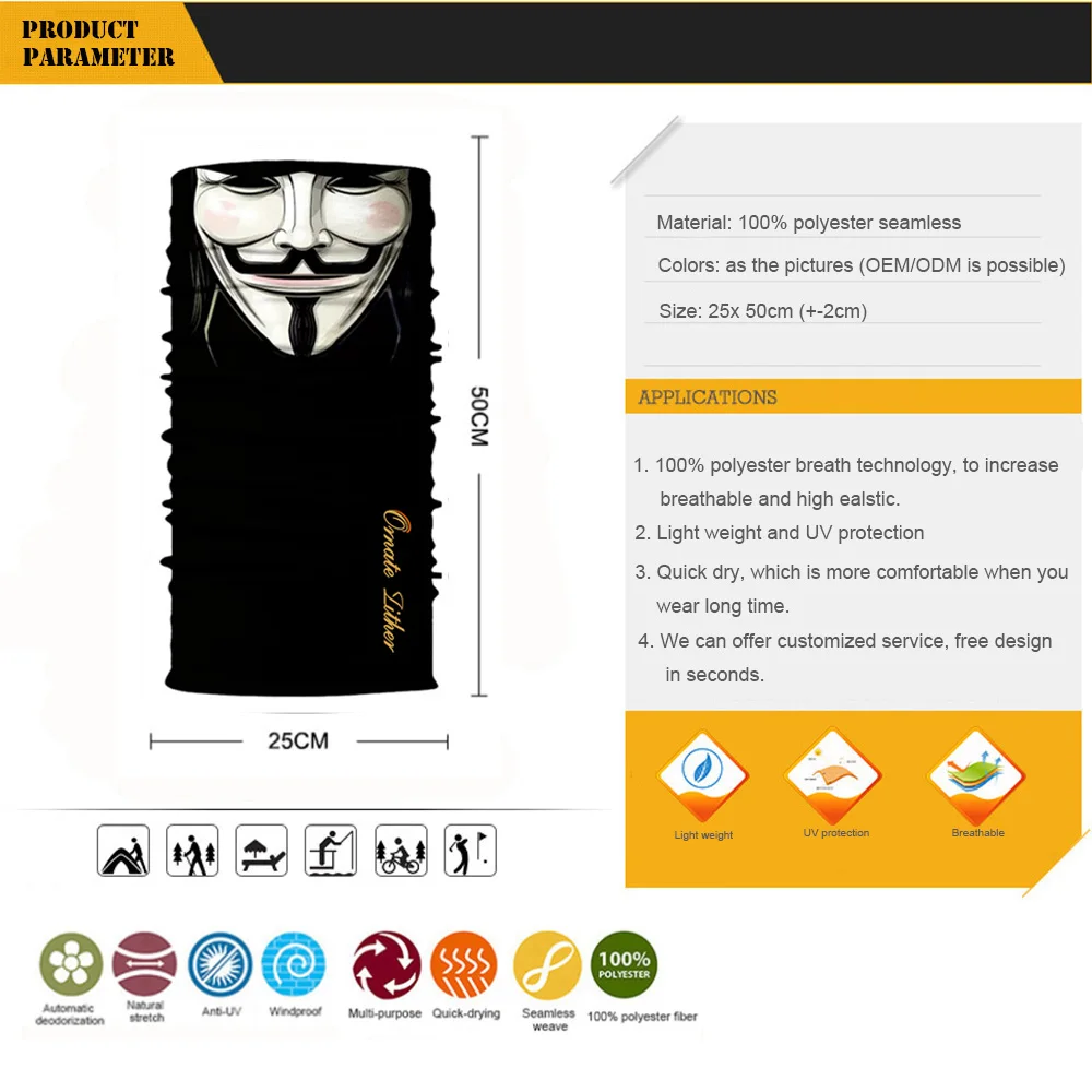 

3D braga cuello Bufanda Hombre Bandana Mascarillas Anonymous Halloween Motorcycle Buff Face Shield Balaclava V for Vendetta Mask