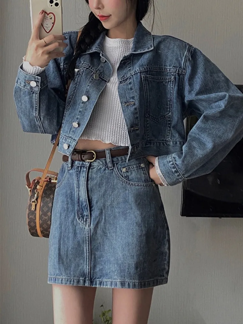 

2021 spring Denim Jacket Skirt Suit Women Cowboy Denim jacket+ Package Hip Skirts Outfit Leisure Clothes