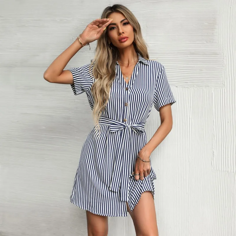 

Summer Casual Women Blue Striped Short Shirts Dress Turn-down Collar Short Sleeve Slim Button Ladies Mini Shirt Dress 2021