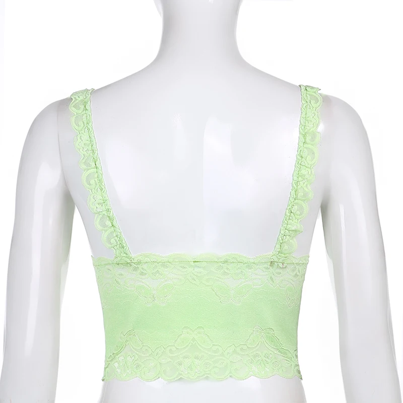 

Y2K Aesthetics Bow Crop Top Butterfly Pattern Sexy Lace V Neck Sleeveless Backless Green Cami Ladies Spaghetti Top Streetwear
