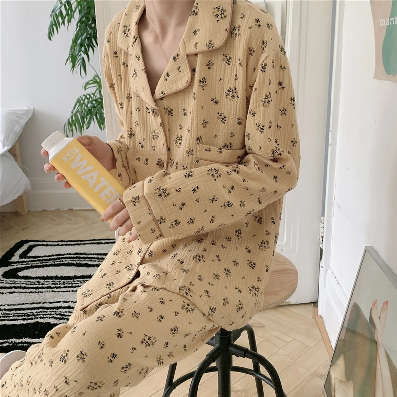 

pure cotton long sleeve pants women pajama set home clothes floral print autumn winter cardigan trousers sleepwear ladies L397